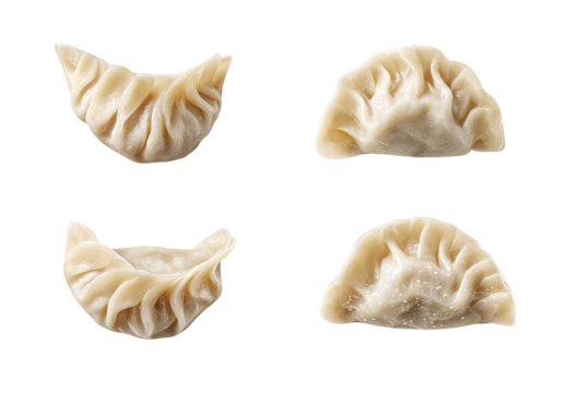 Four close-up views of uncooked dumplings.  Pleated, light beige wrappers with visible folds and creases.  Isolated on black background