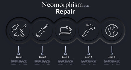 Repair set icon. Hammer with screwdriver, single screwdriver, laptop with wrench, hammer tool, gear with wrench outlined in white lines on dark circular UI elements