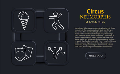 Circus set icon. Ice cream cone, stick figure in motion, comedy drama masks, and burst stars shown in outline on neumorphic UI tiles for entertainment themes