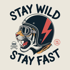 Tiger wearing a motorcycle helmet with lightning bolt and text stay wild stay fast