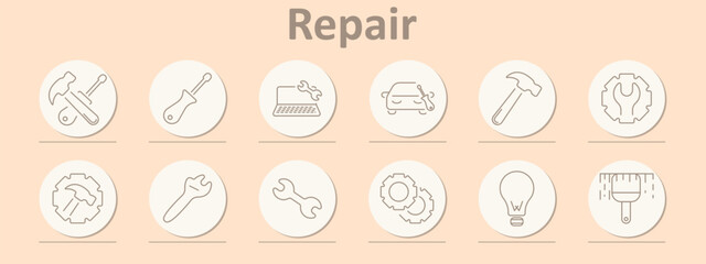 Repair set icon. Hammer and screwdriver, flat screwdriver, laptop , car wrench, single hammer, gear wrench, hammer, double wrench, gears, bulb, paintbrush.