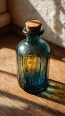 Sunlit blue glass bottle with cork stopper on wood