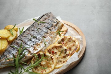 Homemade seafood dish. Tasty roasted mackerel with spices and potatoes on grey table, closeup....