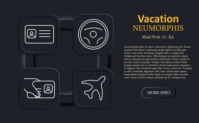 Vacation set icon. Identification card, steering wheel, person handing card, and airplane drawn in outline on dark neumorphic UI for travel verification themes