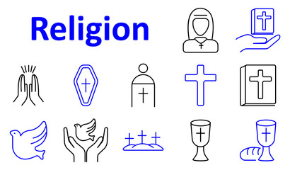 Religion set icon. Crosses, church figures, bible, doves, coffins, hands, books, and chalice with bread outlined in symbolic style conveying faith and religious practice