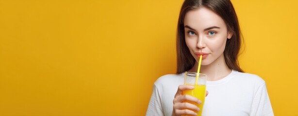 The refreshing orange juice enjoyed by a smiling woman on a vibrant background.