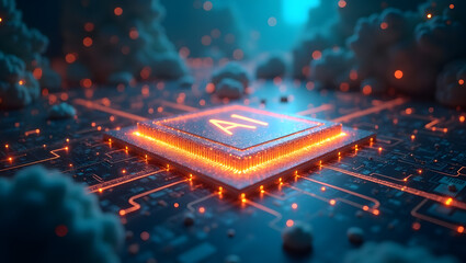 Glowing AI Microchip in a Digital Cloud