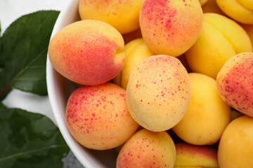 Fresh apricots in bowl and green leaves on table, flat lay