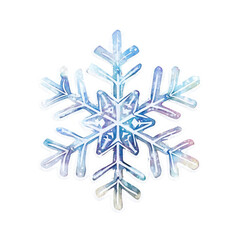 A single, highly detailed snowflake in the style of realistic watercolor and clip art, on a white background, with a die-cut sticker design