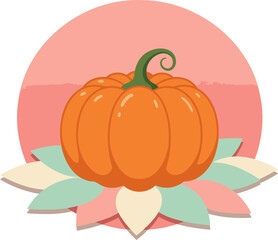 Obraz premium Orange pumpkin illustration with pastel floral design. Fresh, vibrant pumpkin rests on a lotus flower design. Cute, seasonal illustration for fall/autumn theme -