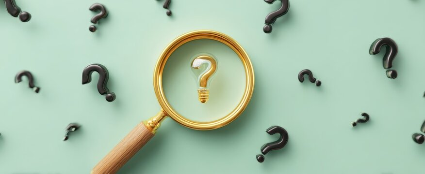 The magnifying glass highlighting a question mark on a mint green background.