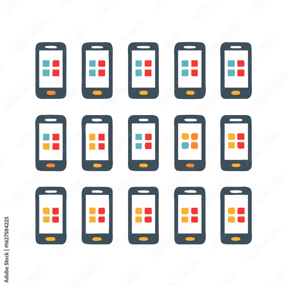 Poster collection of pixelated smartphones displaying colorful app icons isolated on white background isola