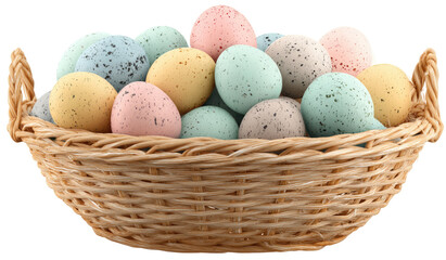 Colorful speckled eggs in a woven basket