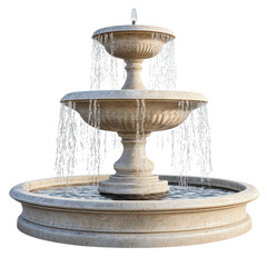 An elegant fountain with water cascading down its two-tiered walls, isolated on a white background. A photorealistic portrait.
