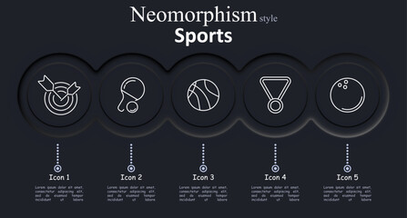Sports set icon. Darts on target, ping pong paddle, basketball, medal, bowling ball represent precision sports, racket games, scoring, athletic rewards, and indoor competition