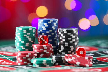 Casino chips and dice on roulette table against blurred lights, closeup