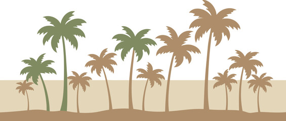 Palm tree silhouettes in neutral tones against a pastel background. Silhouetted tropical palms in a horizontal arrangement against a soft color palette.