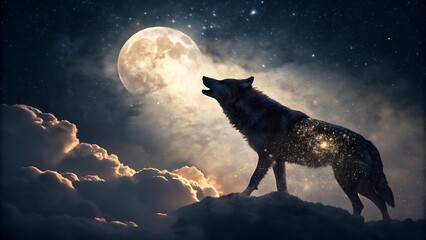 A black silhouette of a wild wolf howling at the full moon in a dramatic night sky landscape