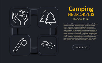 Camping set icon. Hands holding fish, pine trees, axe, grass blades in neumorphic outline style for outdoor survival, forest trip, nature tool or wildlife UI elements