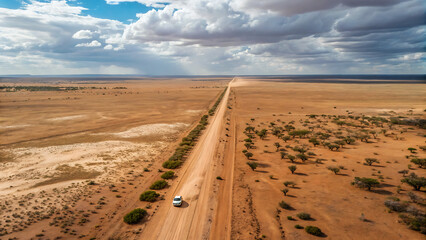The road is flanked by sparse vegetation and stretches towards the horizon under a partly cloudy sky. A single vehicle, leaving a trail of dust, travels along the road.