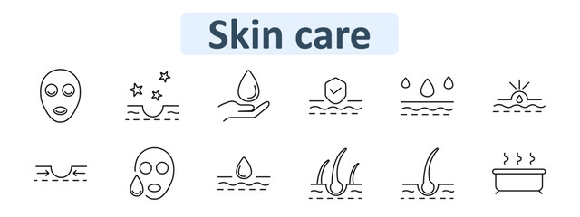 Skin care set icon. Mask, skin glow, drop in hand, shield, droplets, sun absorption, pore lines, hair roots, steam bath in minimal smooth line style