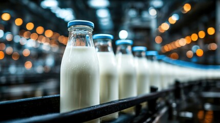 Bottled milk on a conveyor belt in a dairy production facility during daytime operation