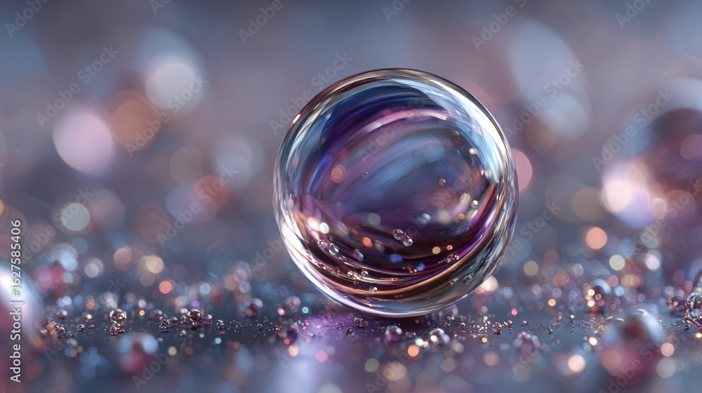 Poster captivating crystal orb resting on a sparkling surface filled with shimmering droplets