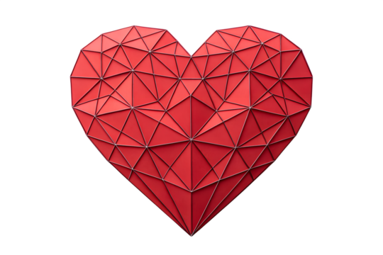  Geometric red heart shape isolated on transparent background, love and romance