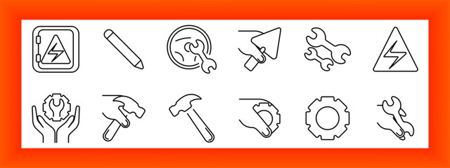 Construction and maintenance set icon. Tools, hammer, gear, warning, electric box, wrench, safety, and repair visuals rendered with sharp linear strokes and minimal styling.