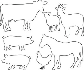 Minimal outline farm animal icons: pig, cow, goat, sheep, hen, horse. Perfect for meat labels, farm logos, veterinary graphics, and food industry design.

