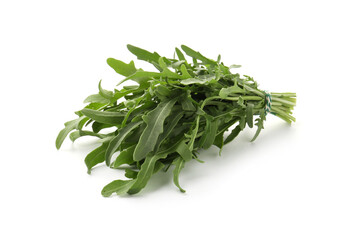 Bunch of fresh green arugula leaves isolated on white