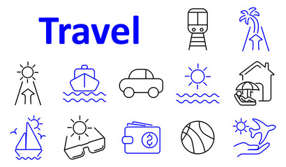 Travel set icon. Ship, car, train, sunglasses, beach umbrella, ocean, road, sun, wallet, airplane, island, cruise, resort house, sailboat, vacation activity, journey.
