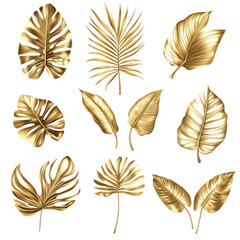 Gold tropical leaves and palm tree branches set isolated on a white background, with a golden metallic texture of monstera leaves