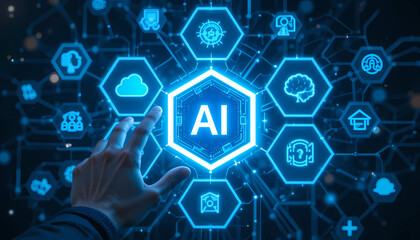 Hand interacting with ai interface displaying various icons in a futuristic blue network design