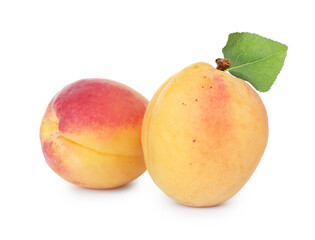 Fresh ripe apricots with green leaf isolated on white