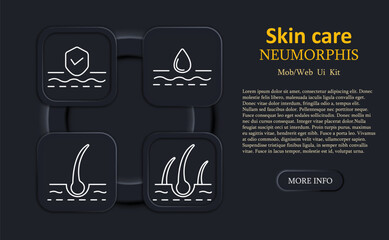 Skin care set icon. Shield above skin, water droplet on skin, single hair, double hair, minimalist white outline, digital neumorphic rounded UI interface, personal care theme.