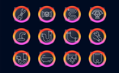 Pipework and plumbing set icon. Outlined visuals of wrench, connector, curve, elbow, clog, leak, tap, valve, tub, heater inside glowing gradient circles on dark background.