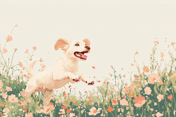 A dog with a leash, ready for a walk, in a minimalistic setting with soft tones.