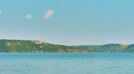 Water big summer expanse.Resting,camping,relax on river among hills