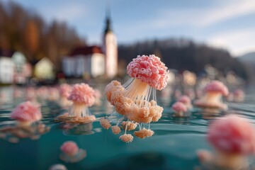 Pink jellyfish-like organisms float on water surface, small village in background