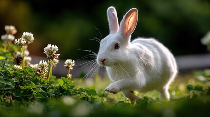 Fototapeta premium A fluffy white rabbit runs through a lush green clover field, enjoying a sunny day in nature.