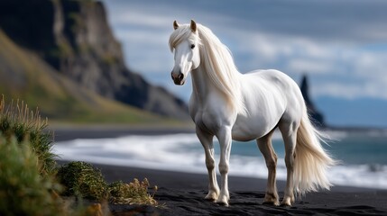 Obraz premium A majestic white horse on a black sand beach, showcasing Iceland's scenic beauty.