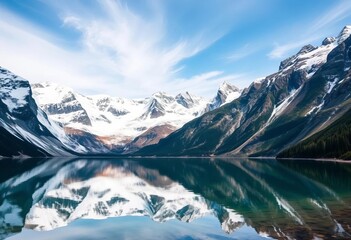 Fototapeta premium Jagged, snow-capped peaks reflect in a pristine glacial lake, travel, New Zealand