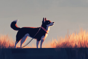 A dog with a leash, ready for a walk, in a minimalistic setting with soft tones.