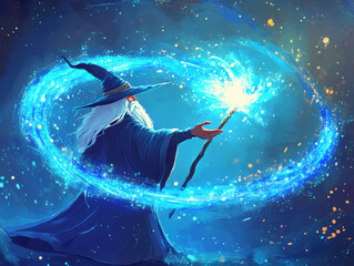 A wizard casting a spell with sparkling blue magic swirling around. 
