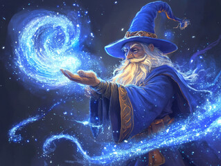 A wizard casting a spell with sparkling blue magic swirling around. 