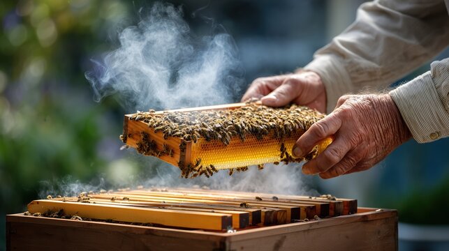 A beekeeper holding a frame filled with bees and honeycomb, with smoke rising.