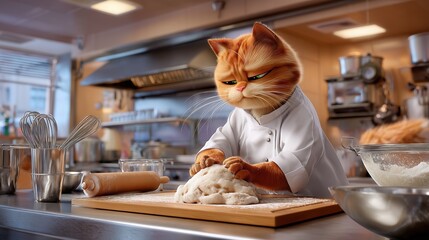 An adorable chef cat intently kneading dough in a commercial kitchen setting.