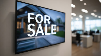 A digital 'For Sale' sign displayed in a modern office.
