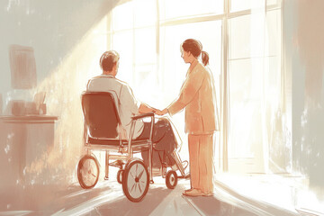 Hhealthcare worker helping a patient with a mobility aid